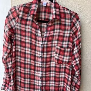 Band of Gypsies red plaid button-up, tunic length, sheer material, size Small